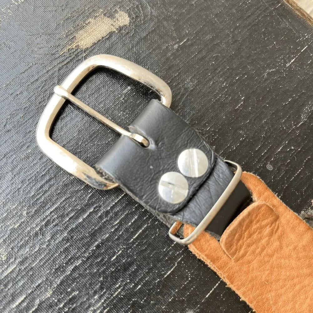 Vintage 70s Multitone Leather Loop Belt Rustic Artisan Patchwork Unisex